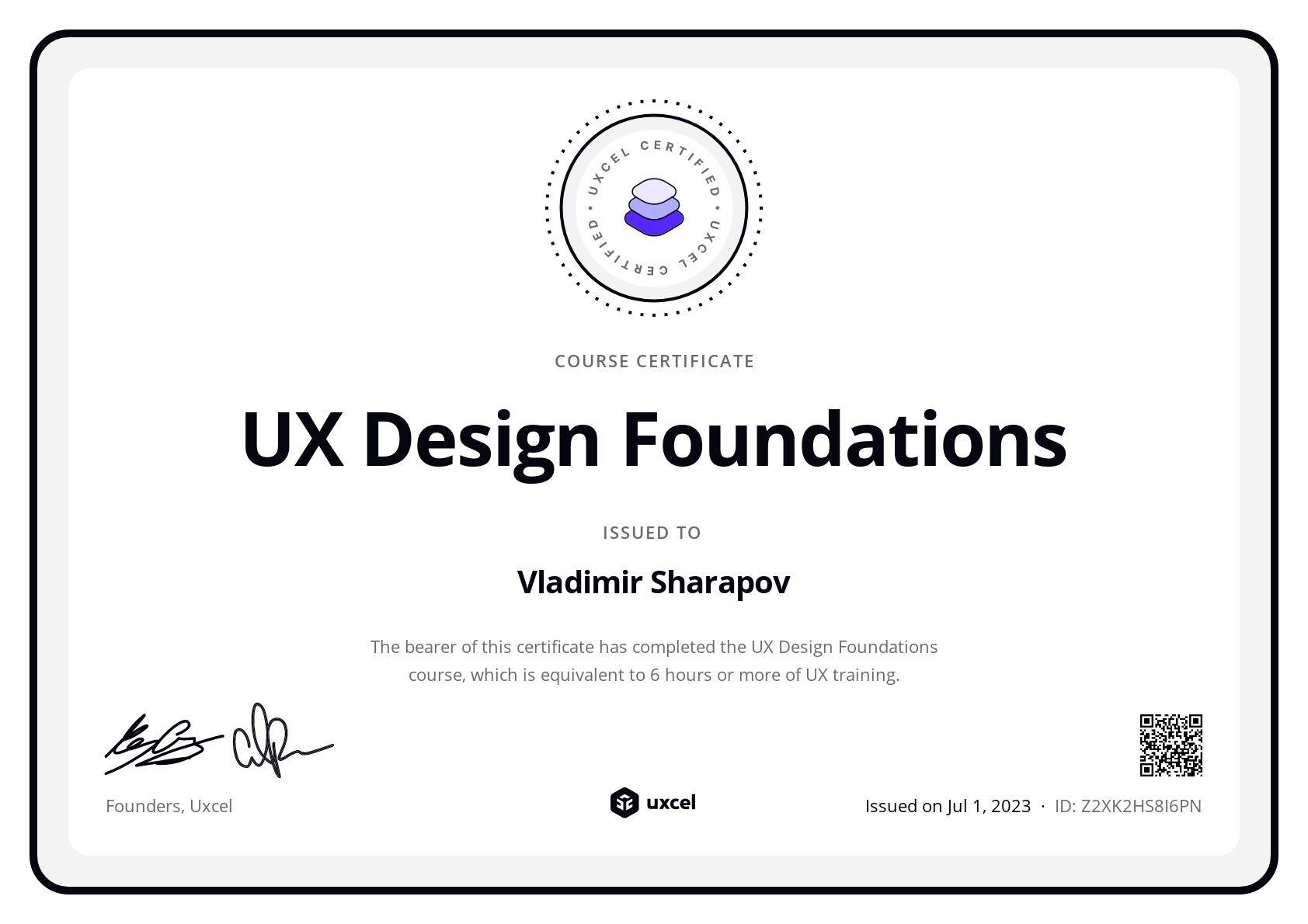 Vladimir Sharapov's certificate